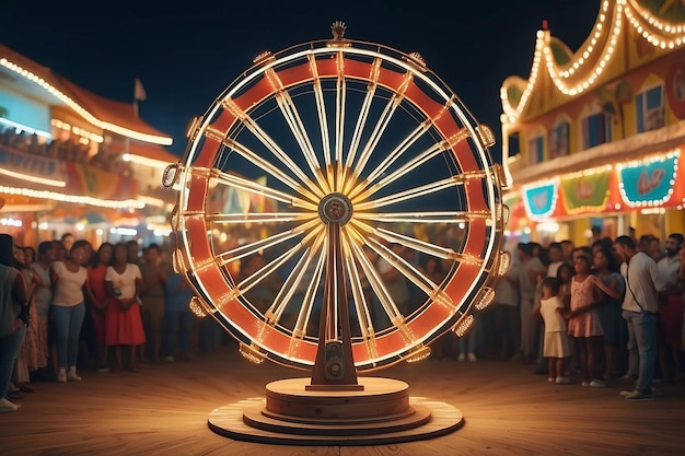 Ein abstraktes Riesenrad bei Nacht mit Neonfarben-Shop im Hintergrund bei einem Karnevalsfest