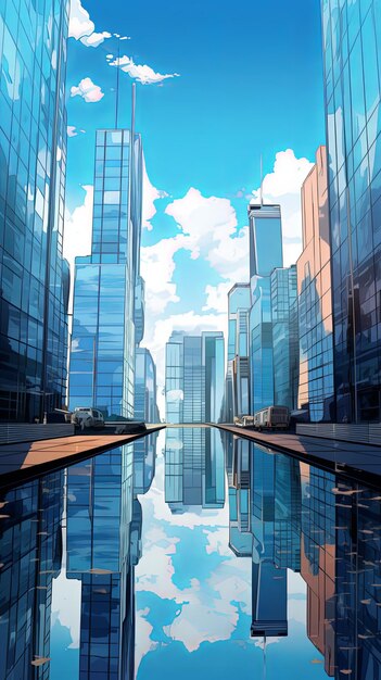 Ein abstraktes Stadtbild spiegelt sich in einem modernen Glaswolkenkratzer wider