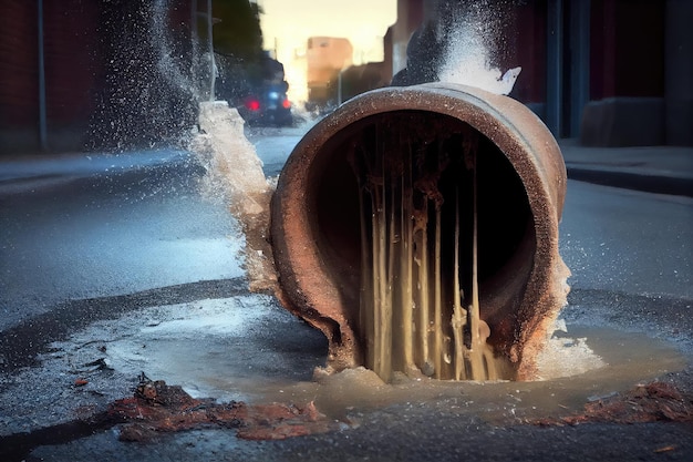 Foto ein abwasserrohr brach durch den gehweg und schmutziges wasser und schutt ergossen sich auf die straße