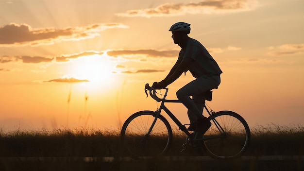 Ein Ackermann fährt bei Sonnenuntergang mit dem Fahrrad