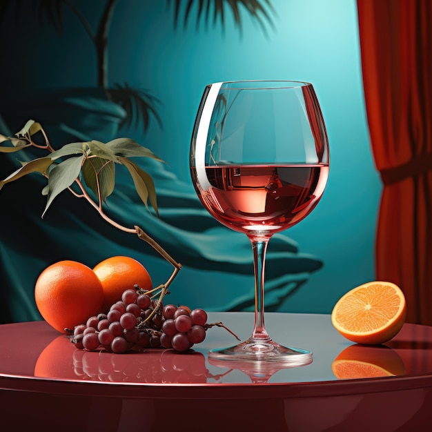 Ein Acrylglas mit Rotwein spiegelt sich in einem von der KI erzeugten roten Hintergrund