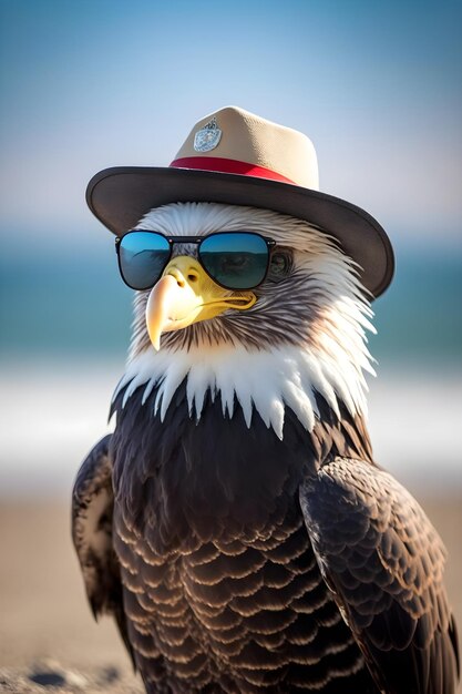 Ein Adler am Strand mit Brille