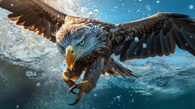 Ein Adler fliegt mit einem Fisch im Schnabel über Wasser.