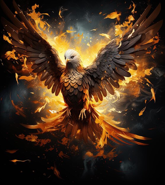 ein Adler mit einem weißen Gesicht und einem schwarzen Hintergrund mit gelben und orangefarbenen Flammen