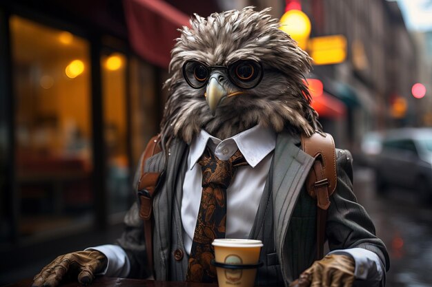 Ein Adler oder Vogel trägt eine graue Jacke, ein weißes Hemd, eine Krawatte und eine Brille, während er einen Kaffee trinkt