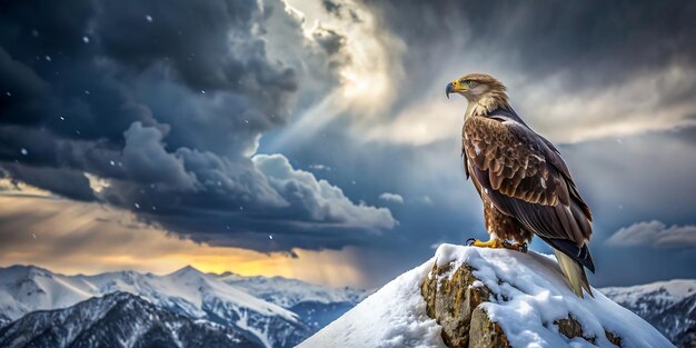 ein Adler sitzt auf einer schneebedeckten Bergspitze