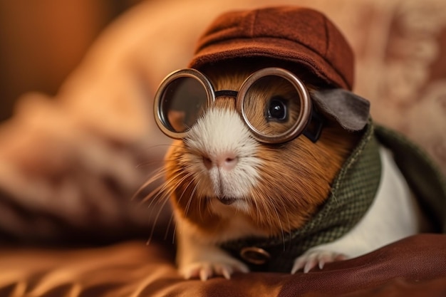 Ein adrettes Meerschweinchen mit Pilotenbrille, bereit für ein großes Abenteuer