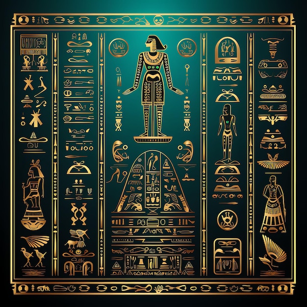 Ein ägyptisches Rahmendesign Hieroglyphen und Sphinx Gold und Turq 2D Clipart T-Shirt Overlay-Konzept