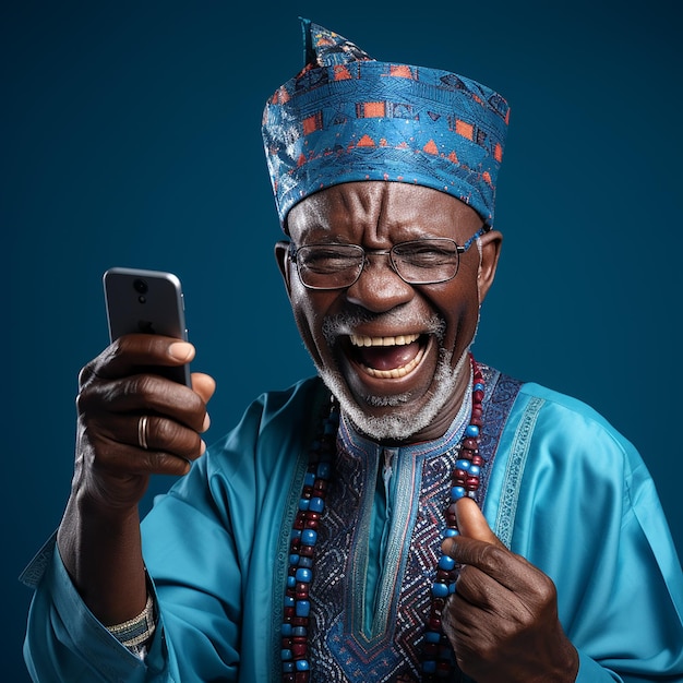 Ein älterer afrikanischer Mann in nationaler Kleidung hält ein Smartphone in der Hand und freut sich.