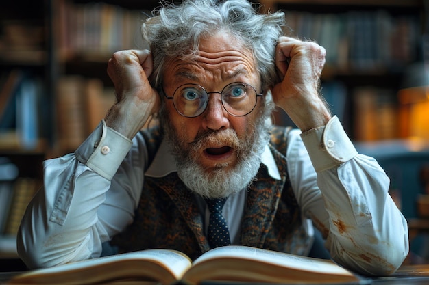 Foto ein älterer bärtiger mann liest zu hause ein buch in seiner bibliothek