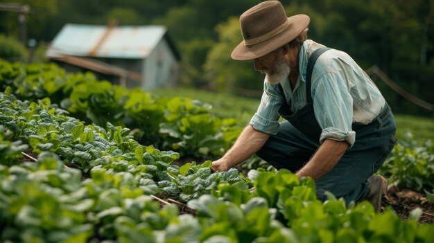 Ein älterer Bauer, der sich um ein Feld mit grünen Pflanzen kümmert und einen Hut und Overall trägt