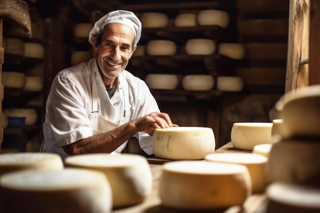 Ein älterer Bauer prüft die Bereitschaft seines selbstgemachten Käses. Der Käse reift im Keller des Bauern. Hausgemachte Käseherstellung, Naturprodukt