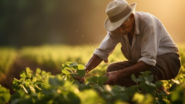 Ein älterer Bauer sät Dünger in einem hellgrünen Baumwollfeld