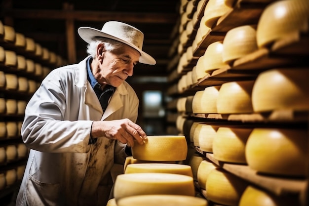 Ein älterer Bauer überprüft die Bereitschaft seines hausgemachten Käses Der Käse reift im Keller des Bauers Hausgemachte Käseproduktion Natürliches Produkt