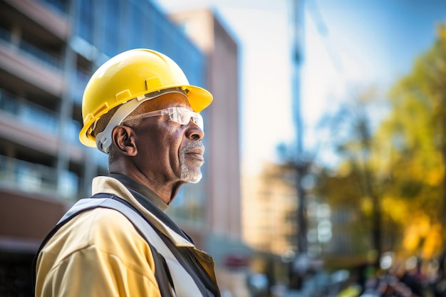 Ein älterer, dunkelhäutiger Bauarbeiter trägt auf einer Baustelle einen Schutzhut und eine Sicherheitsweste