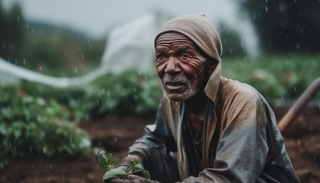 Ein älterer erwachsener Bauer sitzt im nassen, von KI erzeugten Schlamm