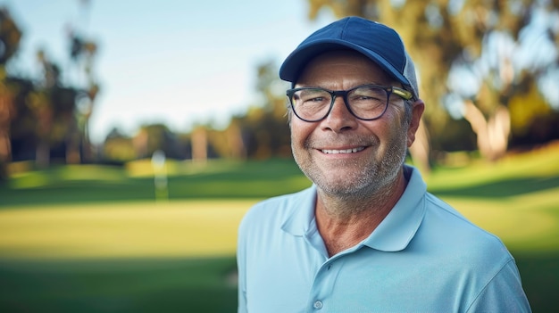 Ein älterer Golfspieler lächelt auf dem Golfplatz und trägt eine Mütze