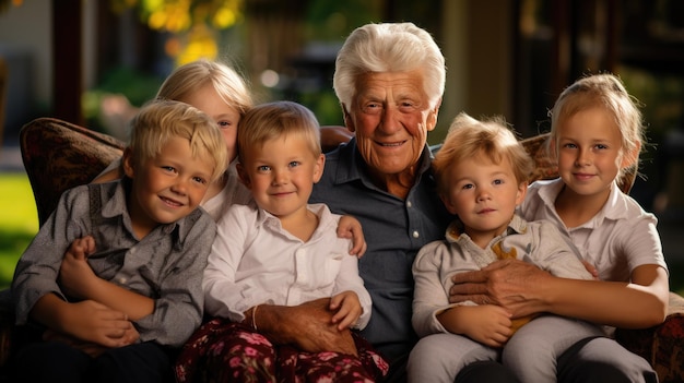 Foto ein älterer herr sitzt auf einem sofa mit vier kleinen kindern, wahrscheinlich seinen enkeln, alle lächelnd und posieren für ein familienporträt in einer gemütlichen häuslichen umgebung