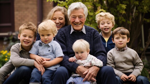 Foto ein älterer herr sitzt auf einem sofa mit vier kleinen kindern, wahrscheinlich seinen enkeln, alle lächelnd und posieren für ein familienporträt in einer gemütlichen häuslichen umgebung