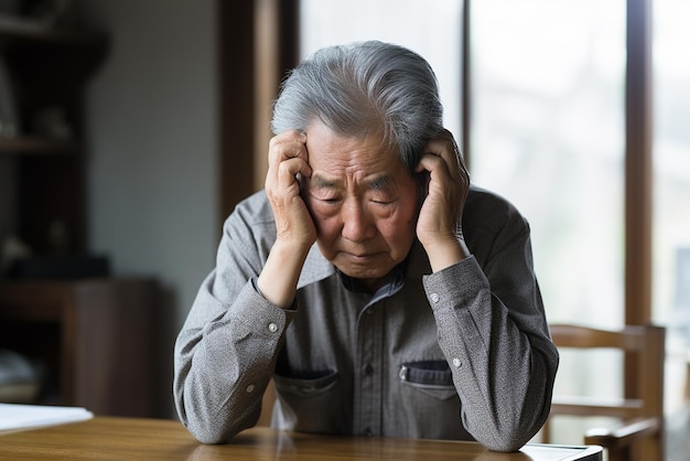 Ein älterer koreanischer Mann mit Kopfschmerzen