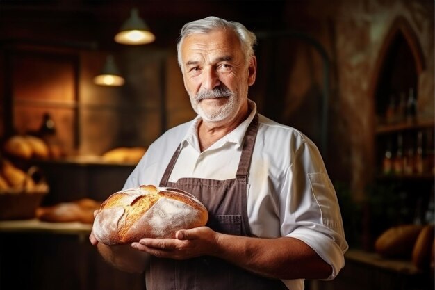 Foto ein älterer männlicher bäcker hält frisch gebackenes brot in den händen bäcker in einer privaten bäckerei brotproduktion zu hause oder in einem kleinen unternehmen kleinunternehmen demonstration von frischem brot