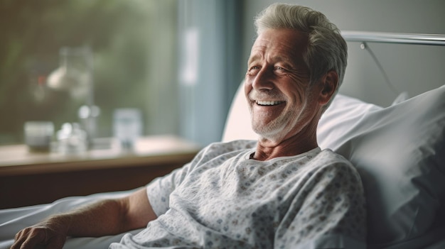 Ein älterer männlicher Patient liegt zufrieden und lächelt am modernen Krankenhausbett.