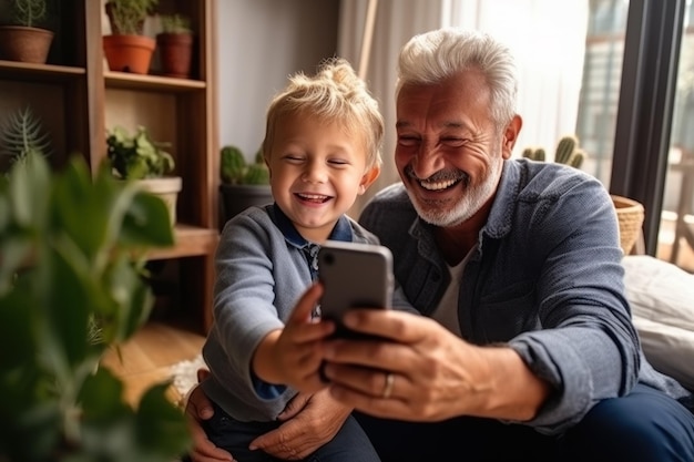 Ein älterer Mann benutzt ein Smartphone, um Selfies von sich und seinem Enkel zu machen und sich zu Hause über soziale Medien zu informieren