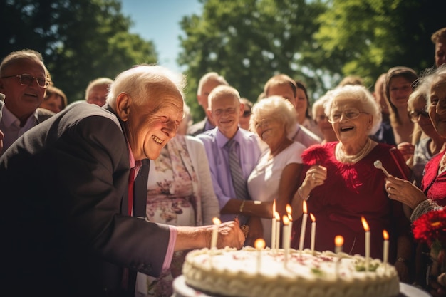 Foto ein älterer mann, der die kerzen auf seinem geburtstagskuchen ausbläst