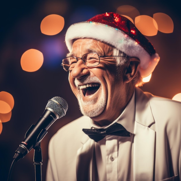 Ein älterer Mann, der einen Weihnachtsmannshut trägt, singt in ein Mikrofon