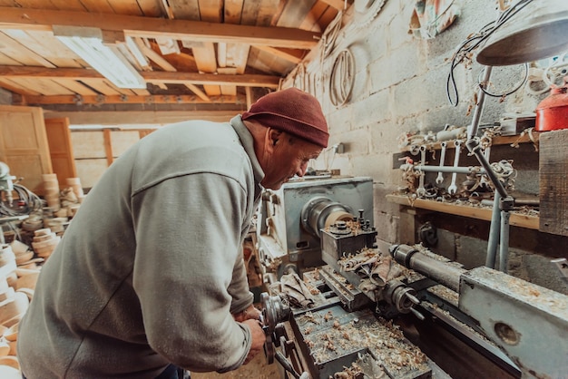 Ein älterer Mann, der Holz auf einer Drehbank verarbeitet und in der Werkstatt Holzgeschirr herstellt