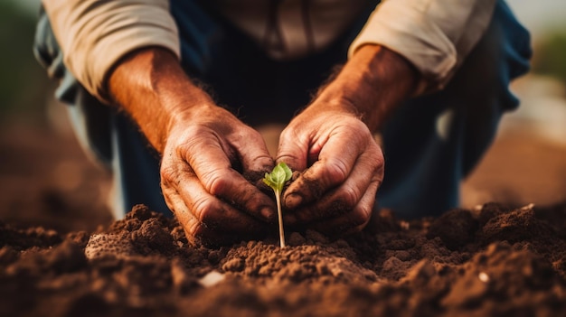 Ein älterer Mann, der im Garten arbeitet, hält fruchtbaren Boden in seinen Händen und wächst mit grünen Sämlingen. Frühlingsgartenpflanzprozess