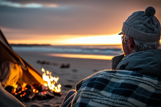 Ein älterer Mann, der sich an einem Feuer am Strand aufwärmt, Illustration Generative KI