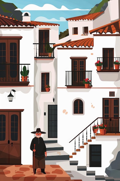 Foto ein älterer mann geht durch die straßen einer andalusischen stadt