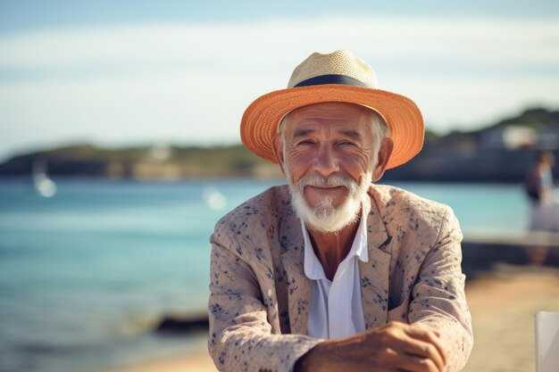 Ein älterer Mann genießt einen friedlichen Tag und sitzt auf einem Stuhl am Meer.