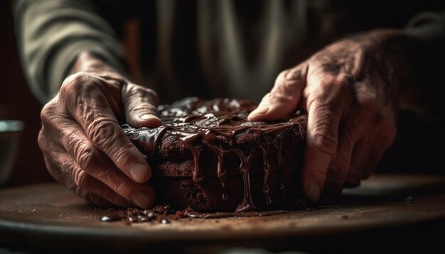 Ein älterer Mann hält einen von künstlicher Intelligenz erzeugten hausgemachten dunkelchokoladenbrownie in der Hand