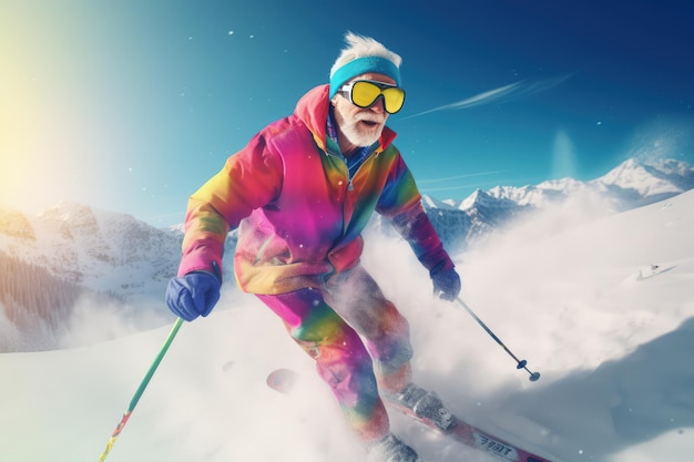 Ein älterer Mann in bunter Jacke und gelber Schutzbrille beim Skifahren