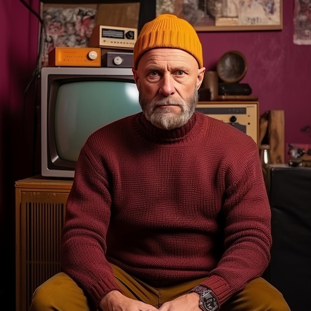 Ein älterer Mann in einem gemütlichen Pullover sitzt in einem burgundischen Zimmer und schaut sich Retro-Fernsehen an