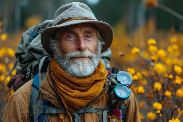 Ein älterer Mann ist ein Reisender mit einem Rucksack im Herbst im Wald