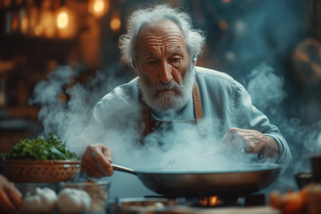 Foto ein älterer mann kocht eine mahlzeit aus einem familienrezept