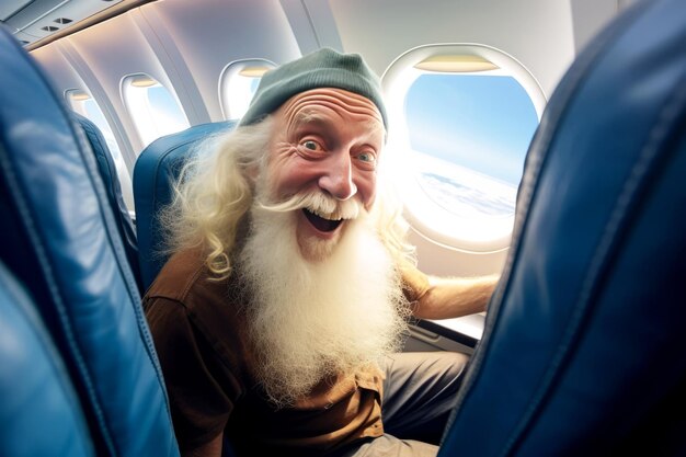 Ein älterer Mann macht ein Selfie in einem bequemen Stuhl in einem Flugzeug, ein älterer Mann