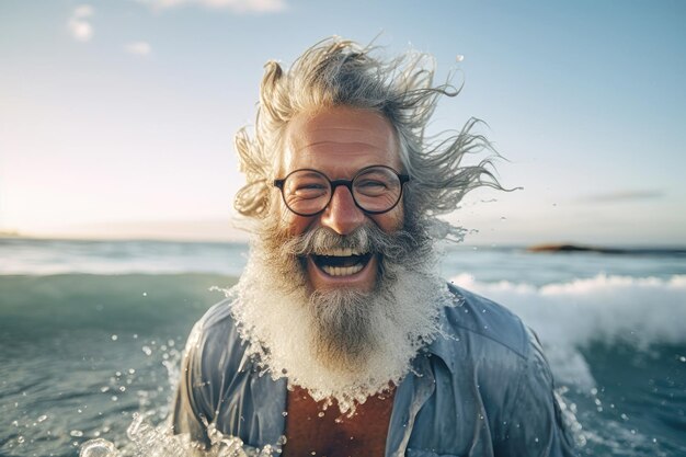 Foto ein älterer mann mit bart schwimmt in den wellen des meeres nahaufnahme porträt glückliche emotionen aktiver lebensstil entspannung am strand