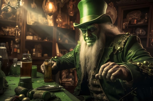 Ein älterer Mann mit einem grauen Bart, der einen grünen Anzug, eine Weste und einen Hut trägt, an der Bar um eine Flasche Schnaps herum, das grüne Symbol des St. Patrick's Day