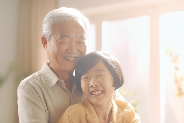 Ein älterer Mann mit einem kleinen asiatischen Mädchen im Zimmer. Sie umarmen sich, haben Spaß und freuen sich über das Treffen. Treffen der Enkelin und ihres Großvaters. Fürsorge für ältere Menschen. Familienwerte