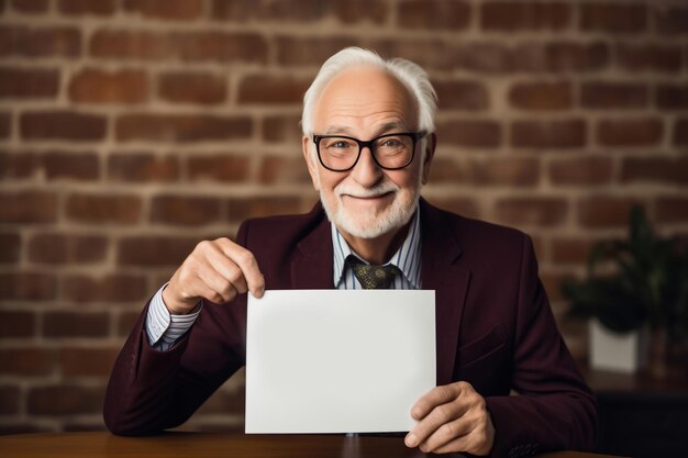 Ein älterer Mann mit europäischem Aussehen in einem Business-Anzug hält ein Schild oder Papier in der Hand. Grauhaariger alter Mann, Kopierraum, Rentenreform. Glückliches Alter und Ruhestand. Kumuliertes Rentensystem