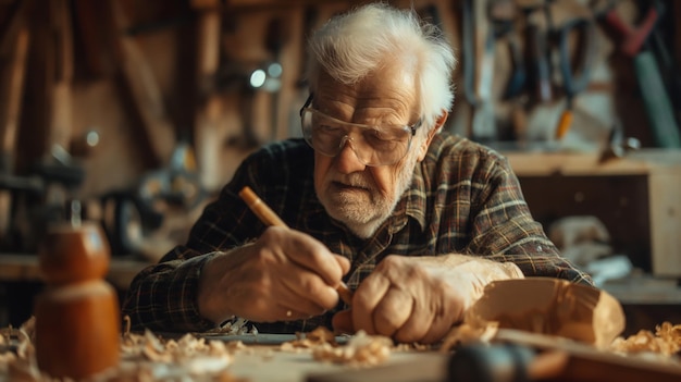 Ein älterer Mann mit Falten schnitzt in einer Werkstatt Holz und teilt seine Kunst mit.