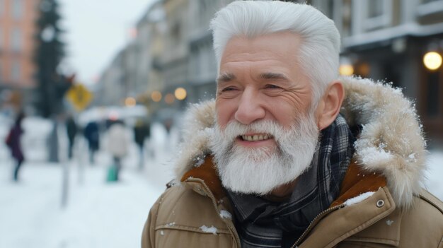 Ein älterer Mann mit weißem Bart lächelt, während er in einer schneebedeckten städtischen Umgebung steht, umgeben von Menschen, die einen Wintertag genießen