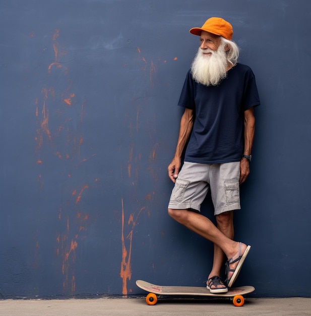 Ein älterer Mann mit weißem Bart steht mit einem Skateboard neben der Wand. Moderne alternde Stockbilder ai erzeugte alternde Bilder