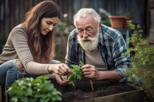 Ein älterer Mann pflanzt und pflegt Pflanzen mit einer jüngeren Frau, die mit generativer KI geschaffen wurde