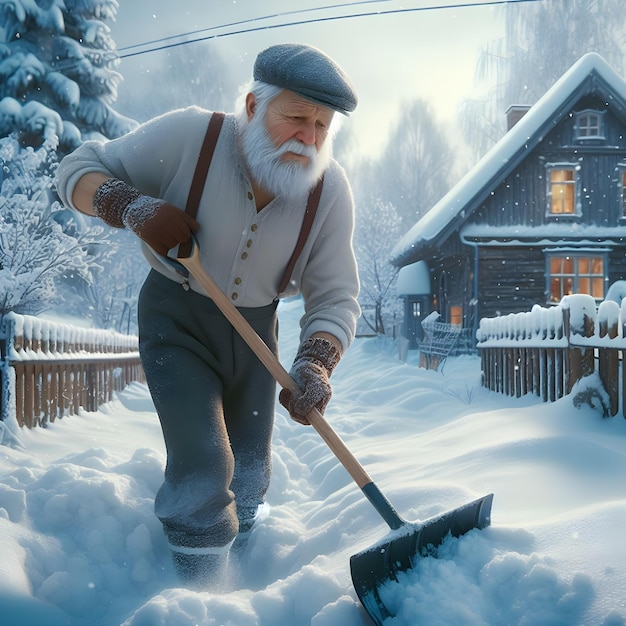 Ein älterer Mann schaufelt im Winter Schnee vor einer traditionellen Holzhütte