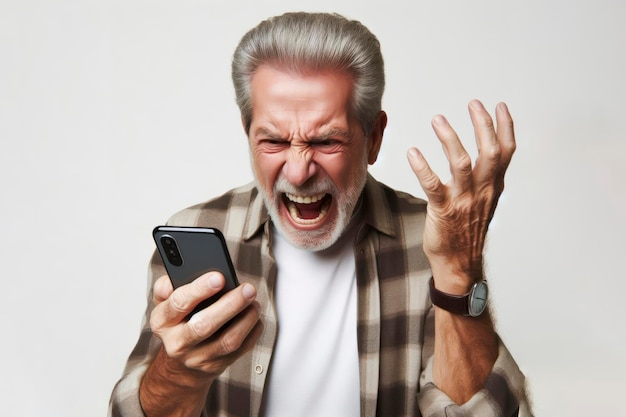 Ein älterer Mann schreit emotional in sein Smartphone, isoliert auf einem weißen Hintergrund